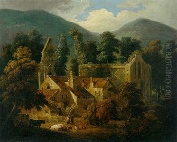 A View Of A Cloister And Church Ruins With Figures By A Wall And Cows Resting In The Foreground - view 1