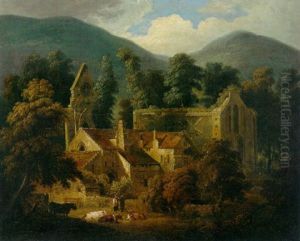 A View Of A Cloister And Church Ruins With Figures By A Wall And Cows Resting In The Foreground