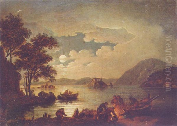 A Moonlit Landscape With Fishermen On A Lakeshore - view 1