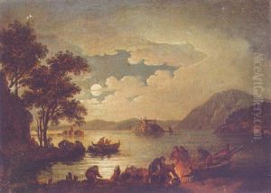 A Moonlit Landscape With Fishermen On A Lakeshore