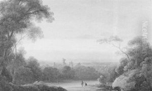 A Landscape At Evening With Figures By A Lake With Ruined Abbey Beyond