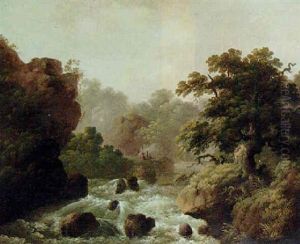 River Landscape With Figures By A Campfire