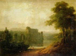 A View Of A Lake With A Ruined Castle And Figures by John Rathbone