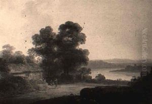 An Extensive Wooded Landscape With Countryfolk By A Cottage by John Rathbone