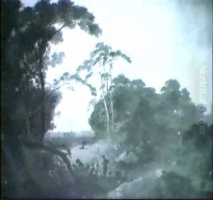 A Wooded Landscape With Rustics At A Camp Fire by John Rathbone