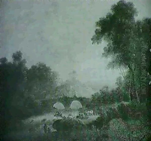 Figures And Cattle Beofre A Bridge In A Wooded River Landscape - view 1