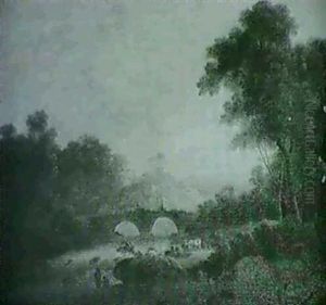Figures And Cattle Beofre A Bridge In A Wooded River Landscape by John Rathbone