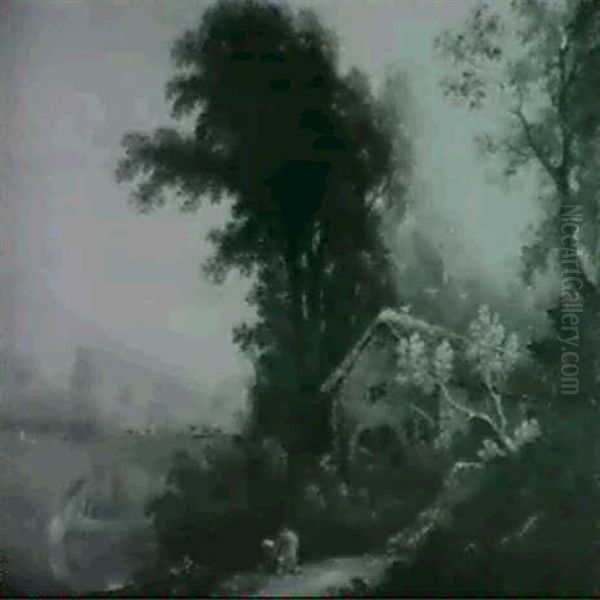 A Wooded Landscape With An Artist Sketching By A            Watermill, A Drover And Cattle On A Bridge Beyond - view 1