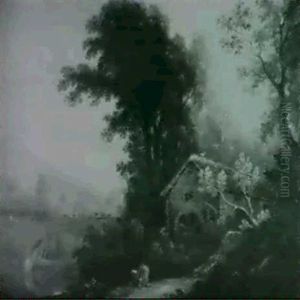 A Wooded Landscape With An Artist Sketching By A Watermill, A Drover And Cattle On A Bridge Beyond by John Rathbone