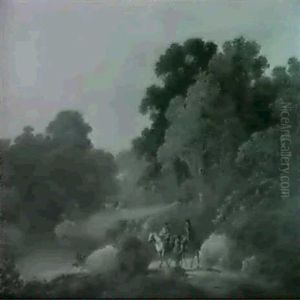 View In Patterdale Cumberland With Mounted Figures Approaching A Stream And Gypsies By A Camp Fire (2) by John Rathbone