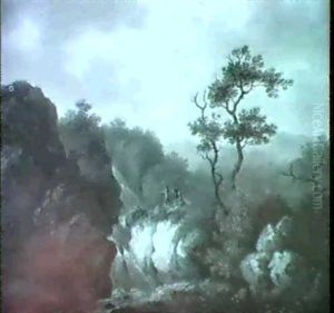 Mountainous Landscape With Figures By A Waterfall by John Rathbone
