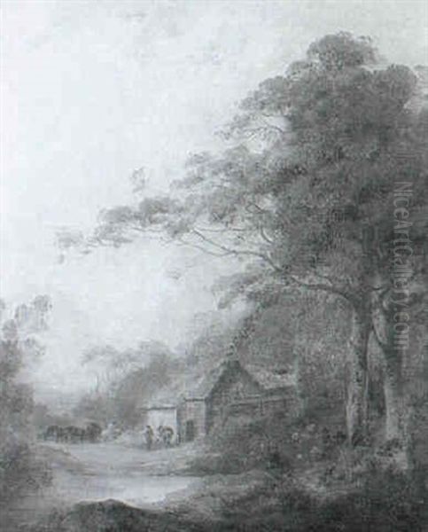 Figures And Horses By A Cottage In A River Landscape - view 1