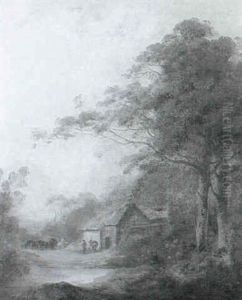 Figures And Horses By A Cottage In A River Landscape Figures And Horses By A Cottage In A River Landscape