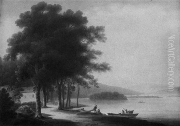 Mountainous River Landscape With Figures In A Boat Setting Off From The Shore - view 1