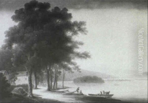 Figures At The Water's Edge In A Wooded Lake Landscape - view 1