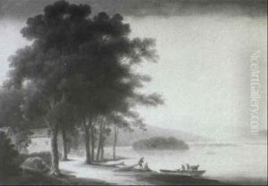 Figures At The Water's Edge In A Wooded Lake Landscape by John Rathbone