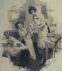 Boy Drying His Hands With Mother's Help While Helping In The Kitchen (illus. For Pictorial Review?) by Walter G. Ratterman