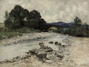 Figures On A River Bead, Before A Stone Bridge by Alexander Wellwood Rattray