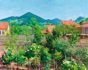 Sunlit Garden In Nagybanya With The Kereszthegy by Peter Ratz