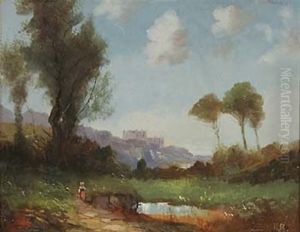 Italienische Landschaft, Im Hintergrund Eine Auf Einem Felsen Gelegene Stadt by Hellmuth Raetzer