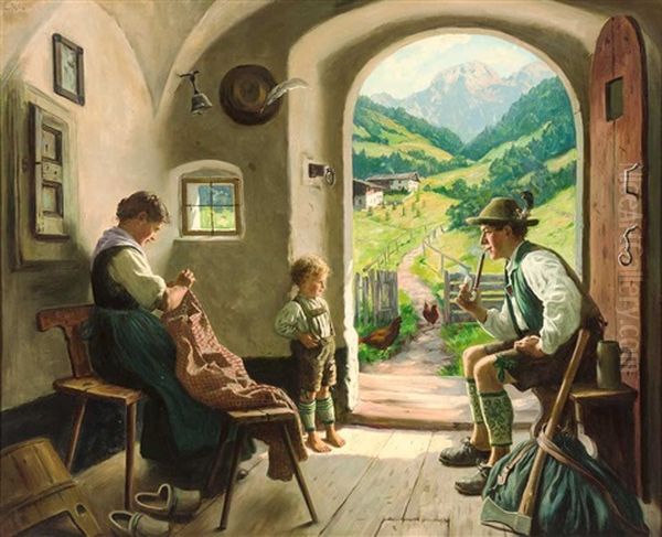 Junge Bauersfamilie In Tracht Am Feierabend - view 1