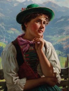 Girl In Traditional Costume In An Alpine Landscape by Emil Rau