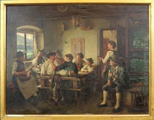 Gesellige Runde Auf Einer Almhutte Mit Bauern In Tracht by Emil Rau