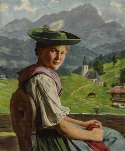 Dirndl Mit Strickzeug Vor Gebirgskulisse by Emil Rau