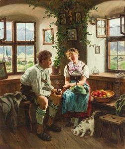 Junges Oberbayerisches Paar In Landlichem Interieur Mit Herrgottswinkel. Blick Durch Die Fenster Auf Kirchdorf Und Gebirgsmassiv
