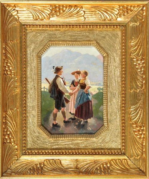 Jager Mit Zwei Damen In Tracht Auf Weg - view 1