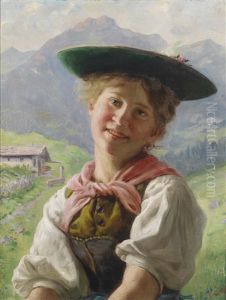 Ein Dirndl Vor Berglandschaft by Emil Rau