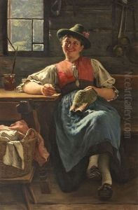 Bauernstube Mit Junger Frau Beim Nahen