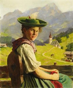 Portrat Eines Strickenden Madchens Vor Der Kulisse Eines Alpentals