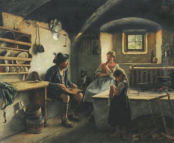 Musestunde. Bauernstube Mit Zitherspieler, Lauschender Frau Und Strickendem Madchen Neben Feuerstelle - view 1