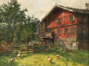 Alpine House With Chickens And Ducks by Emil Rau