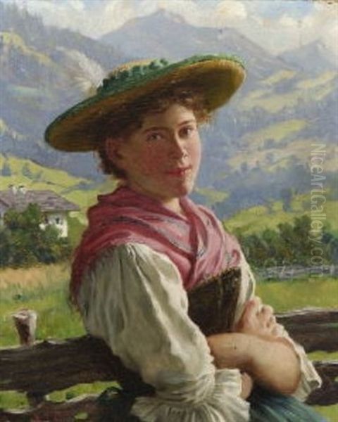 Dirndl Am Zaun In Gebirgslandschaft - view 1