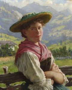 Dirndl Am Zaun In Gebirgslandschaft