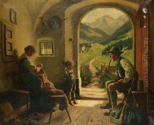A Family In An Interior With An Extensive Alpine Landscape Beyond by Emil Rau