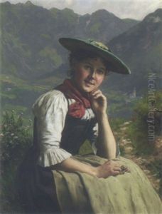 Dirndl In Tracht Vor Alpenlandschaft by Emil Rau