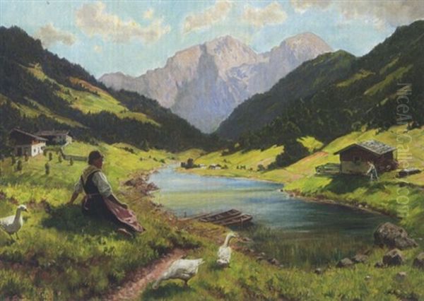 Junge Gansehirtin Am Gebirgsee - view 1