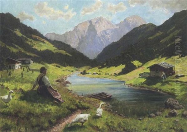 Junge Gansehirtin Am Gebirgssee - view 1
