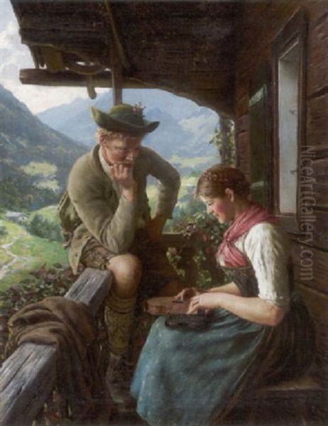 Junger Jager Und Dirndl Mit Zither Auf Der Veranda - view 1