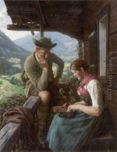 Junger Jager Und Dirndl Mit Zither Auf Der Veranda by Emil Rau