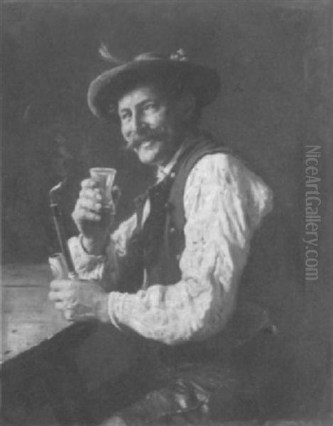 Bauernbursche In Tracht Mit Pfeife Und Schnapsglas - view 1
