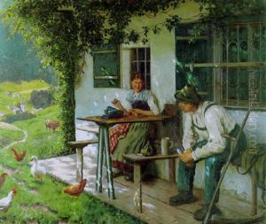Schnitter Und Dirndl Auf Der Bank Vor Dem Bauernhaus by Emil Rau