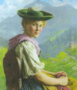 Dirndl Aus Oberbayern In Tracht, Auf Einem Stuhl Sitzend Und Den Strickstrumpf Haltend Dirndl Aus Oberbayern In Tracht, Auf Einem Stuhl Sitzend Und Den Strickstrumpf Haltend