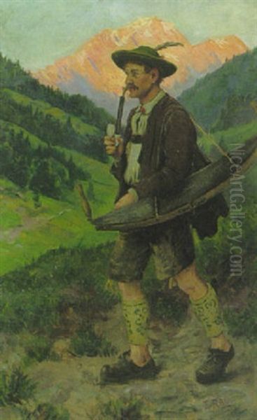 Oberbayerischer Holzarbeiter Im Gebirgstal Auf Dem Heimweg - view 1