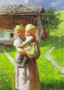 Kinder Vor Einem Gebirgsbauernhof Kinder Vor Einem Gebirgsbauernhof