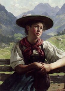 Bayrisches Dirndl Auf Einer Bank Vor Weiter Alpenlandschaft