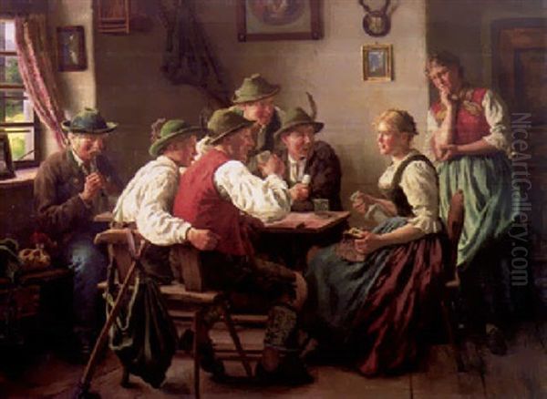 Zwei Dirndl, Vier Burschen Und Der Alte Bauer In Der Oberbayrischen Stube Am Tisch - view 1